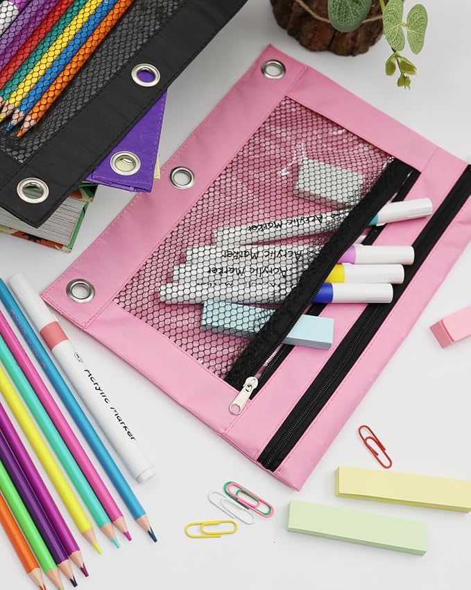 Pink Pencil Pouch for 3 Ring Binder - Zipper Pencil Case Bag Holder Bulk Accessories, Small Clear Window Aesthetic Organizer Pockets 3 Hole School Essentials