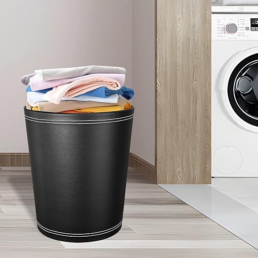 Pu Leather Trash Can, 2.6 Gallon Black Bathroom Trash Can, Small Office Garbage Can Wastebasket for Bedroom, Kitchen, Round Trash Bin Decorative Under-Sink/Desk/Home Easy to Clean