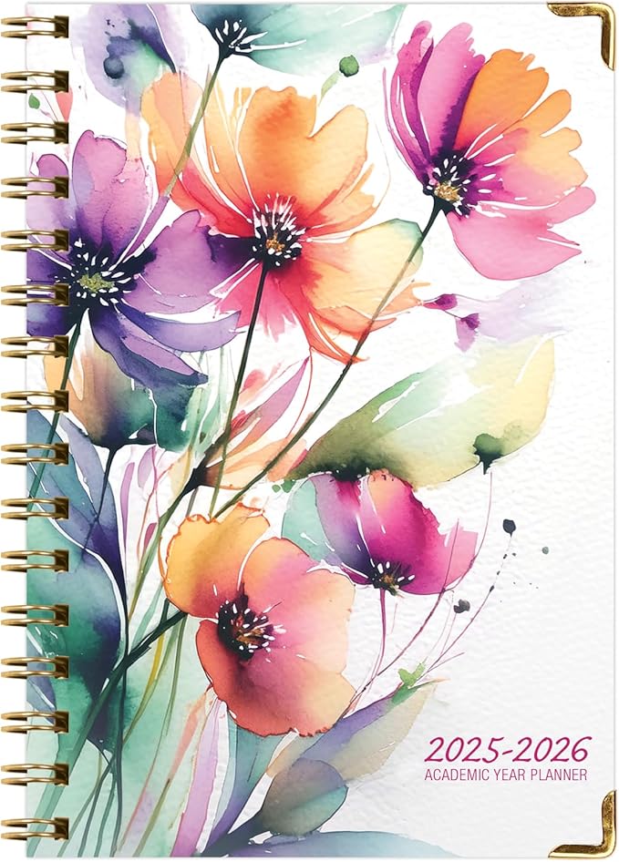 HARDCOVER Academic Year 2025-2026 Planner: (June 2025 Through July 2026) 5.5"x8" Daily Weekly Monthly Planner Yearly Agenda. Bookmark, Pocket Folder and Sticky Note Set (Rainbow Floral)