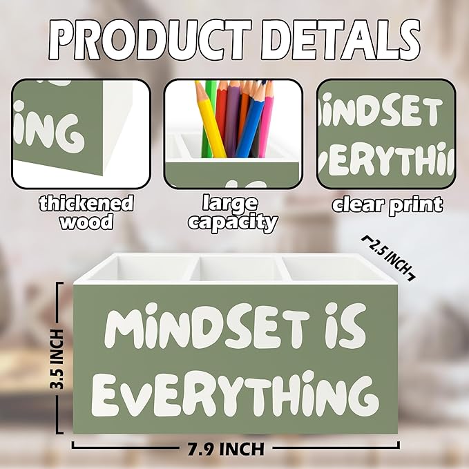 Green Inspirational Pen Pencil Holder Organizer for Desk, Inspirational Gifts for Women, Mindset Is Everything Motivational Wooden Box Sign for Home Office Desk Tabletop Decorations