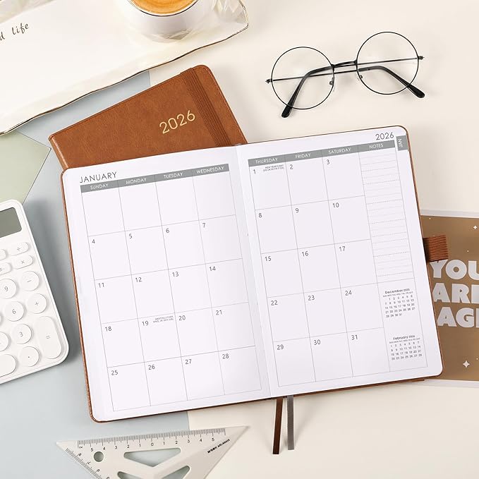 2026 Planner - Planner 2026, 2026 Weekly Monthly Planner, Jan.2026 - Dec.2026, 5.7'' x 8.4'', Thick Paper, Leather Cover, Pen Holder, Back Pocket, Bookmarks, Perfect Daily Organizer - Brown