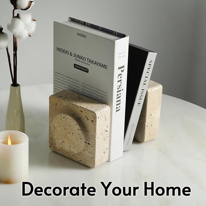 Koville Marble Square Book Ends, Heavy Duty Book Holders, Bookends for Shelves, Office Bookshelf Decor for CDs/Video Games(Travertino Romano)