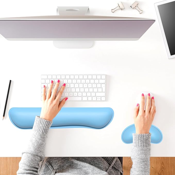 Dapesuom Keyboard Wrist Rest Set, Cute PU Leather Wrist Cushion for Computer Keyboard and Mousepad, Memory Foam Mouse Pad Rests Support with Non-Slip Base for Typing Pain Relief, Laptop, Sky Blue