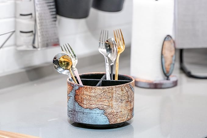 Hennaja Round Leather Art Supply Organizer,Remote Control Holder,360 Degree Rotating,Multi-Functional Pencil Holder,4 Compartments Desktop Stationary Organizer(1-Vintage Map)