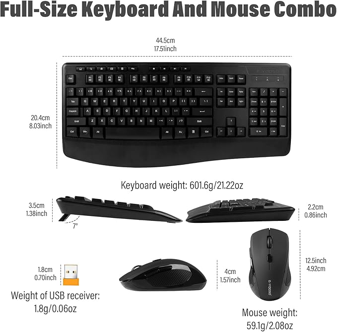 E-YOOSO Wireless Keyboard and Mouse Combo,Silent Soft Touch Quiet Keyboard Less Noise 90%,Ergonomic with Wrist Rest,2.4GHz 104 Keys Full Size,2400 DPI Mouse,for PC Computer/Laptop/Mac/Tablet,Black