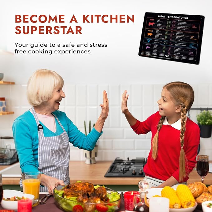 Levain & Co Meat Temperature Magnet - Beef, Poultry, Fish & Pork Cooking Chart - Horizontal - Meat Temp Magnet Kitchen Tools Cooking Gadgets - Fridge Accessories