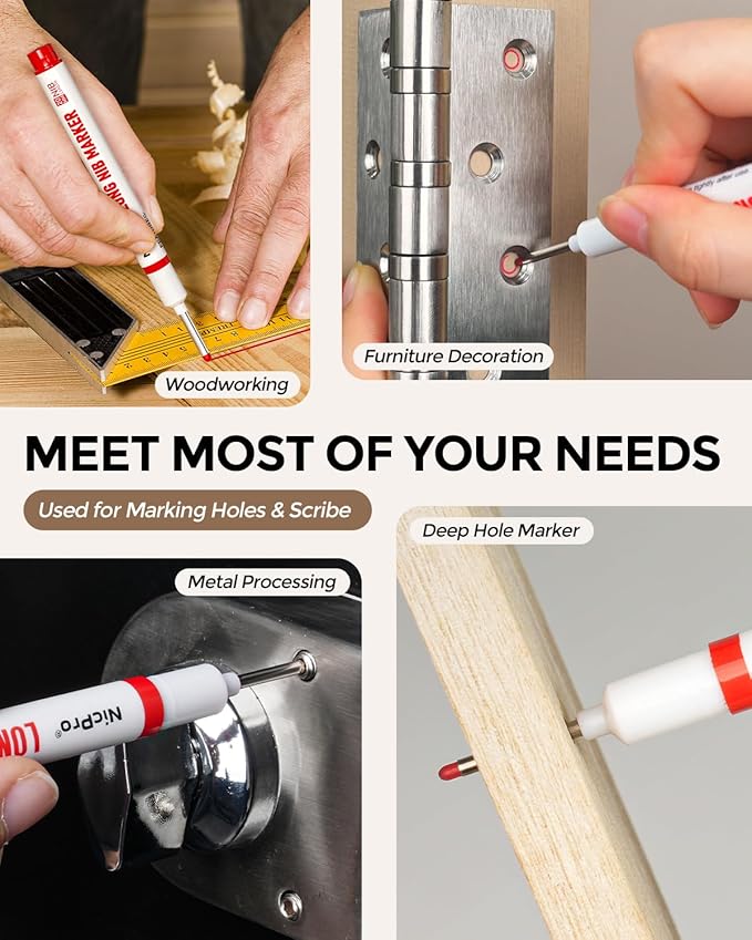 Nicpro 12 PCS Long Nib Marker Pens, 20mm Deep Hole Markers, Quick Dry & Waterproof Construction Marker, Long Head Mark Pens for Metal, Steel, Tile, Glass, Carpenter Marking Tool for Woodworking