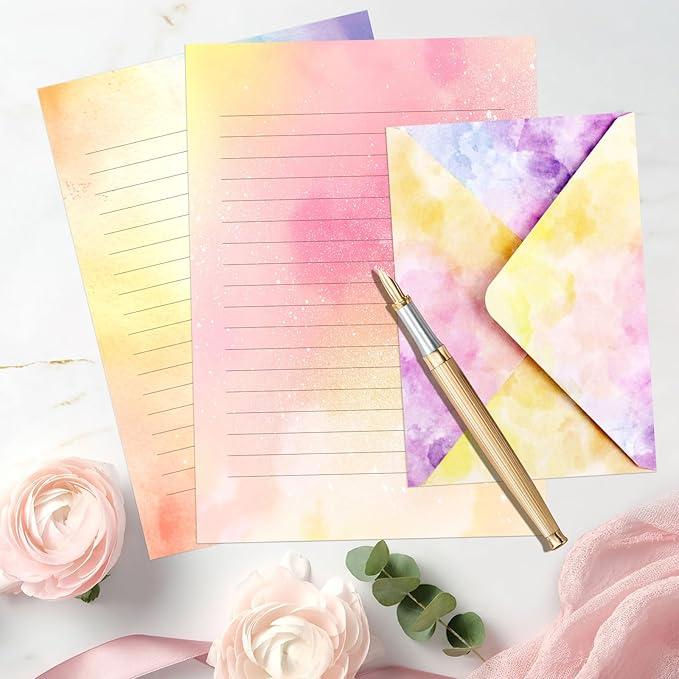 Watercolor Stationary Letter and Envelopes, 24 Lined Writing Paper with 12 Matching Envelopes, Double-Sided Printing, Multicolor, 8.3 x 5.5 Inches, 36 Pieces