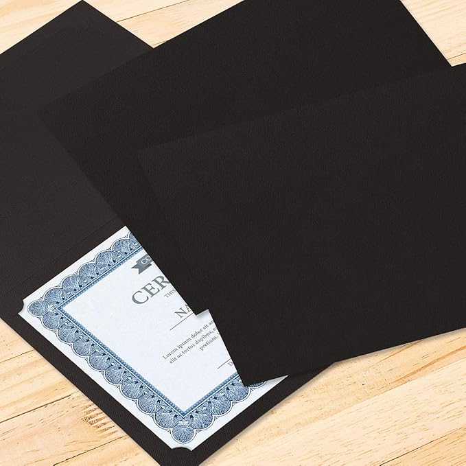 Plain Black Certificate Folders - Pack 50, Linen Cover 80 lb. Stock, Folded, Die-Cut Corners, for Office, Business Awards, Graduation, School Diploma Holder, 9-1/2" x 12" (Set of 50)