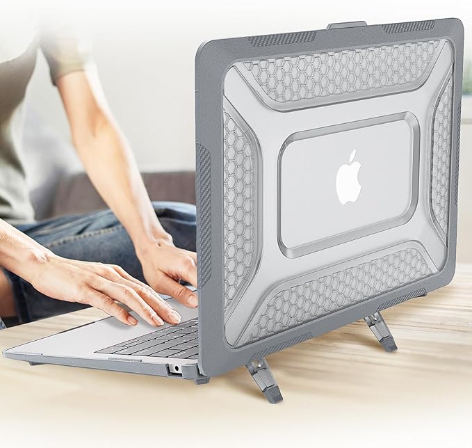 KEROM Heavy Duty Case for MacBook Air 13 inch 2025-2022 M4 M3 M2 A3240 A3113 A2681, MacBook Air M4 13 inch Case, Protective Rugged TPU Bumper Hard Shell with Foldable Kickstand & Keyboard Cover, Grey