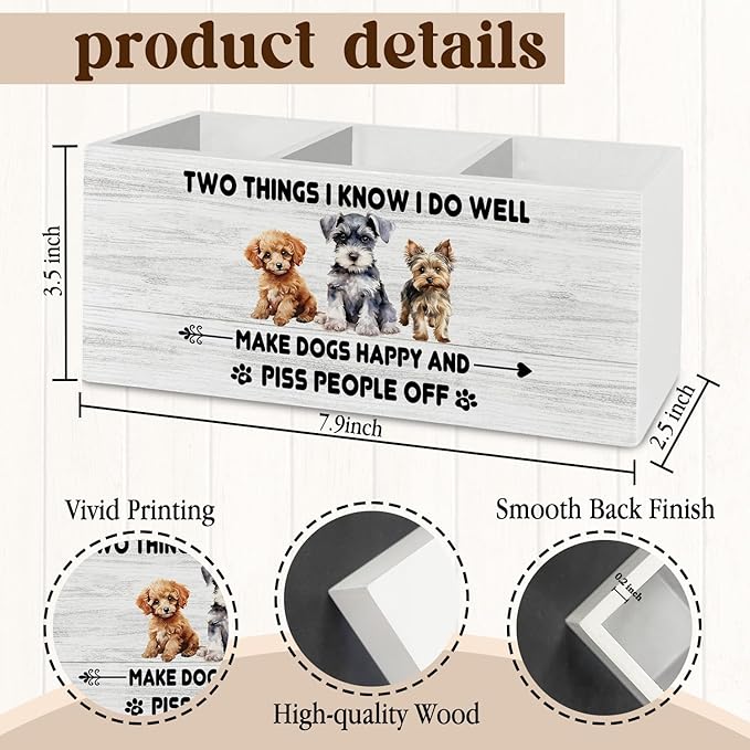 Funny Dog Pen Pencil Holder Organizer for Desk Accessories, Dog Mom Dad Lovers Owner Gifts for Women Men, Pet Lover Gifts Wooden Box Sign Desk Decor for Home Office Decoration