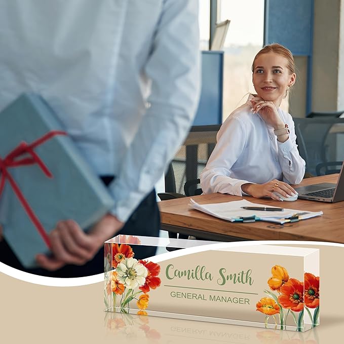 Ship Next Day Personalized Name Plate for Desk, Custom Acrylic Desk Name Sign, Office Appreciation Gifts for Women Men Coworkers Boss Teacher Employee (Flower-Floral)