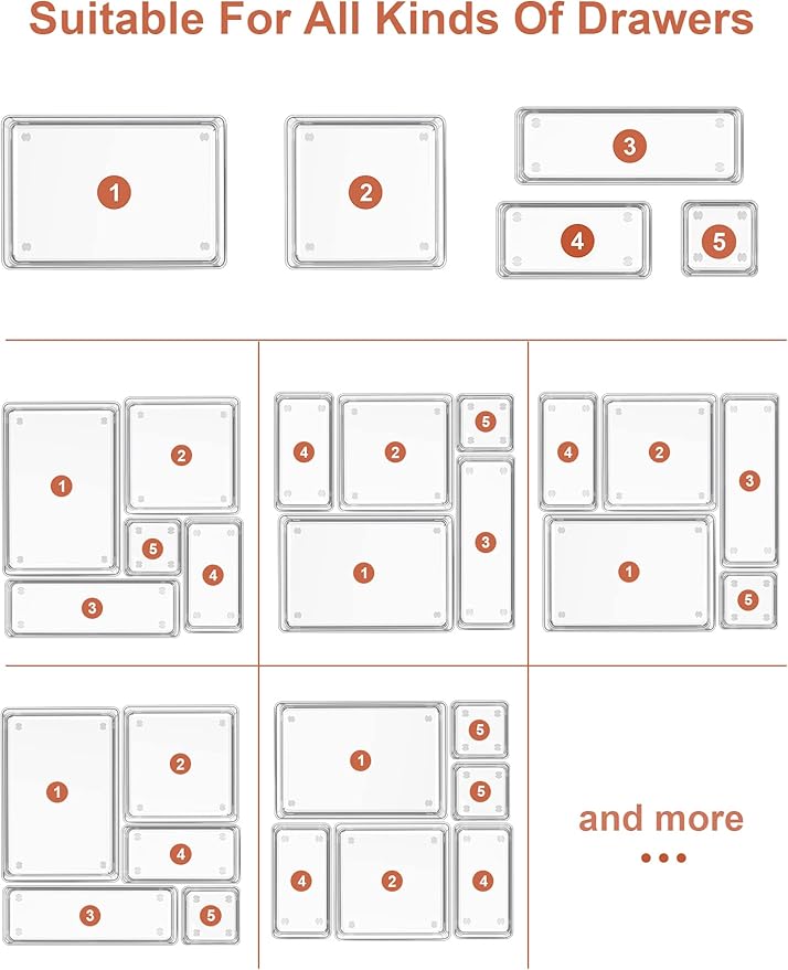 SMARTAKE 13-Piece Drawer Organizer with Non-Slip Silicone Pads, 5-Size Desk Drawer Organizer Trays Storage Tray for Makeup, Jewelries, Utensils in Bedroom Dresser, Office and Kitchen (Clear)