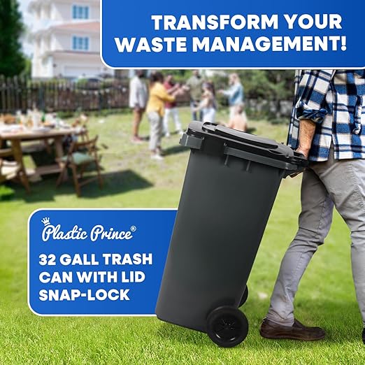 32 Gallon Trash Can with Wheels Outdoor Garbage Can with Lid and Wheels Locking Trash Can Commercial Heavy-Duty Trash Bin Rolling, Plastic 2 Pack