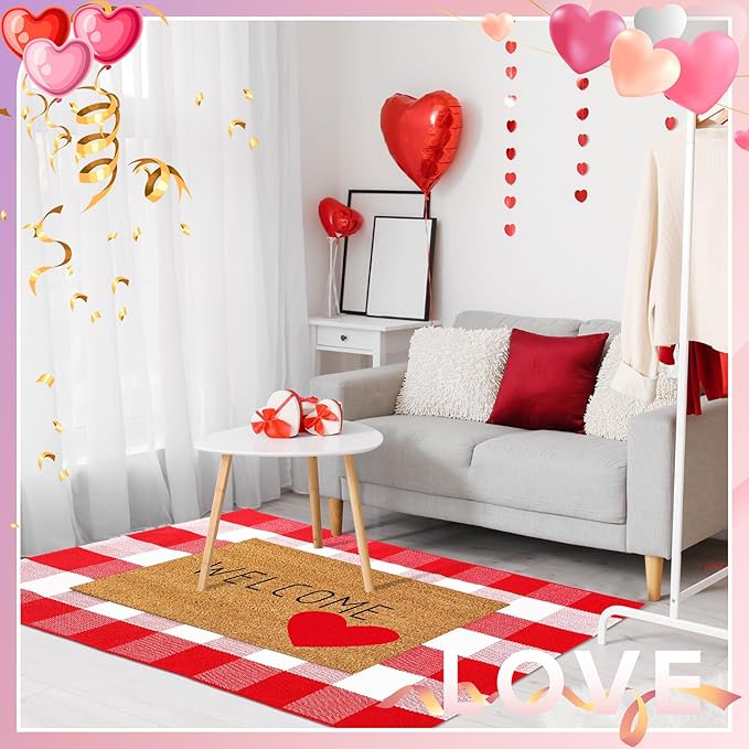 2 Pcs Valentine's Day Coir Welcome Doormat Valentine's Day Rug Outdoor Layered Buffalo Plaid Red and White Mat Red Heart Mat for Front Porch Entryway Outdoor