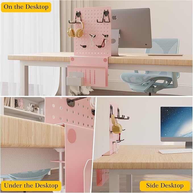 Desk Side Storage with Clamp-on Pegboard,Desk Side Storage,Steel Privacy Panel,No Drill Side Desk Organizer with Pen Holder,Table Side Organizer Laptop Holder for Office and Home (Pink)