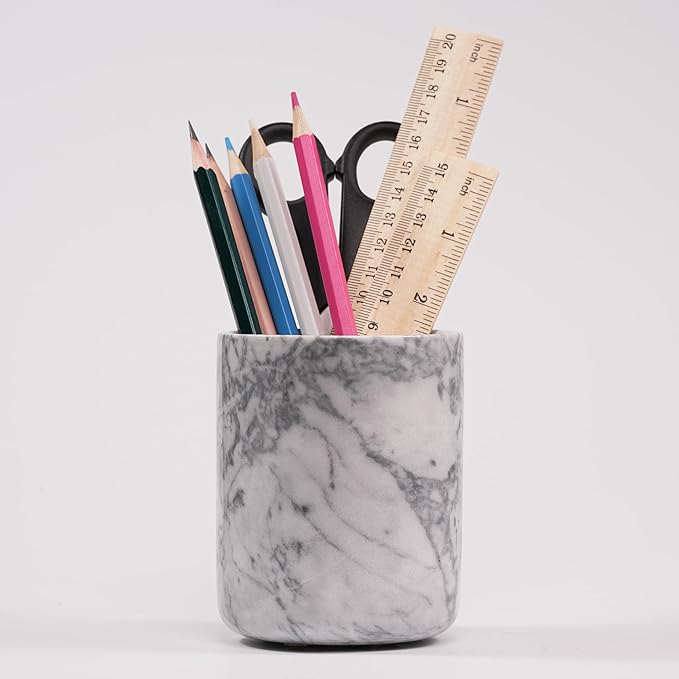 Marble Toothbrush Pen Holder - White Pencil Cup for Office Desk Aesthetic, Toothpaste Makeup Brush Organizer for Bathroom Sink Vanity Accessories, Utensil Container for Kitchen Countertop