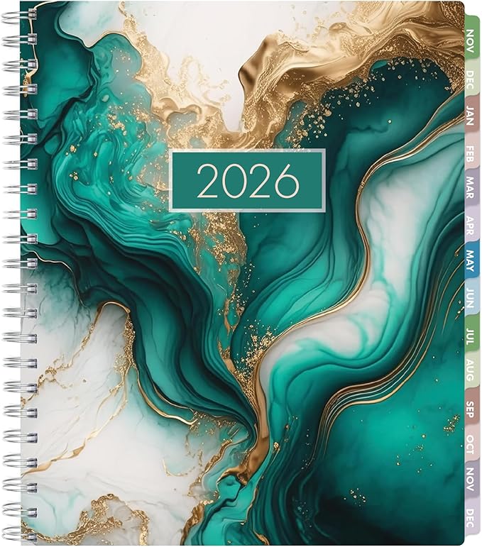 Essential PRO 2026 Daily, Weekly & Monthly Planner, 8.5"x11": 14 Months (Nov 2025 - Dec 2026) Monthly Tabs,Daily Tracking,Notes Pages,Storage Pocket,Bookmark w Sticky Notes (Teal Gold Marble)