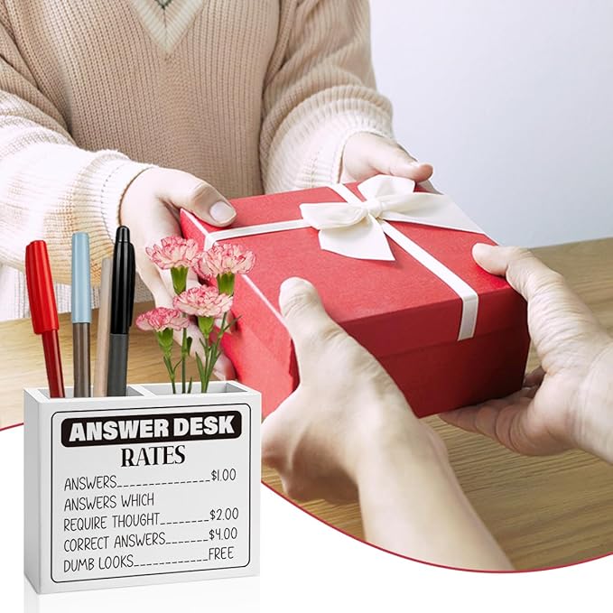 Answer Desk Rates Sign,Hold on Partner Im Overstimulated Sign,Funny Boss Gifts Office Room Decor for Women Men Teams Coworker Friend Wooden Pencil Holder, Boss Day Gifts Desk Decor