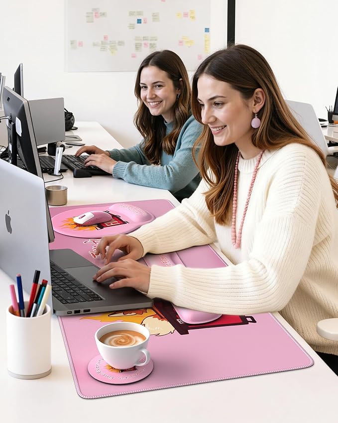 HAOCOO Ergonomic Mouse Pad with Wrist Support, 4-in-1 Cute Desk Mat with Non-Slip Base, Pink Laptop Pad, Keyboard Wrist Rest, Cute Coaster, Easy Typing Pain Relief Mousepad for Office, Home, School