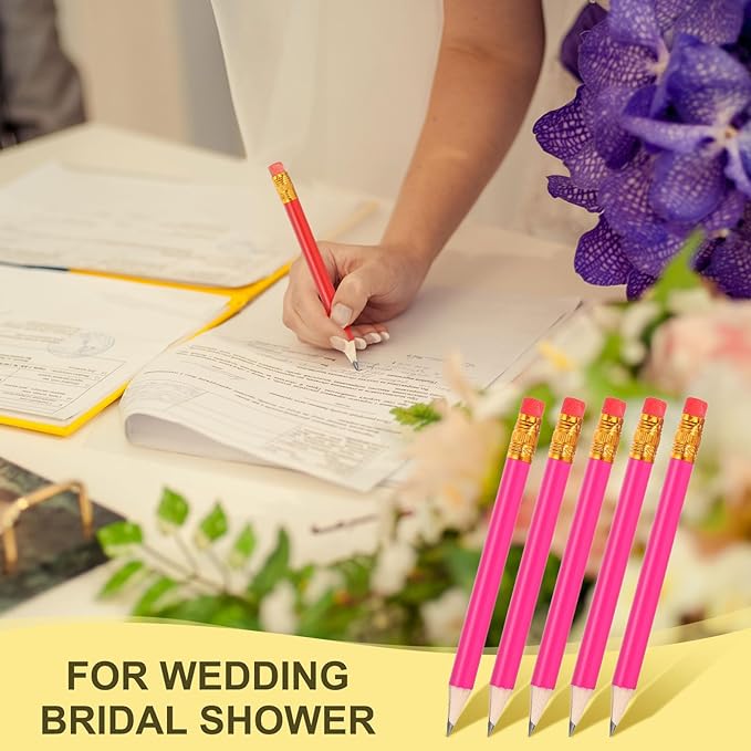 MECCANIXITY Golf Pencils with Erasers, 4" HB Mini Half Pencils Pre Sharpened Small Pens for Wedding Bridal Shower Game Office Writing Drawing(Rose Red, Pack of 50)