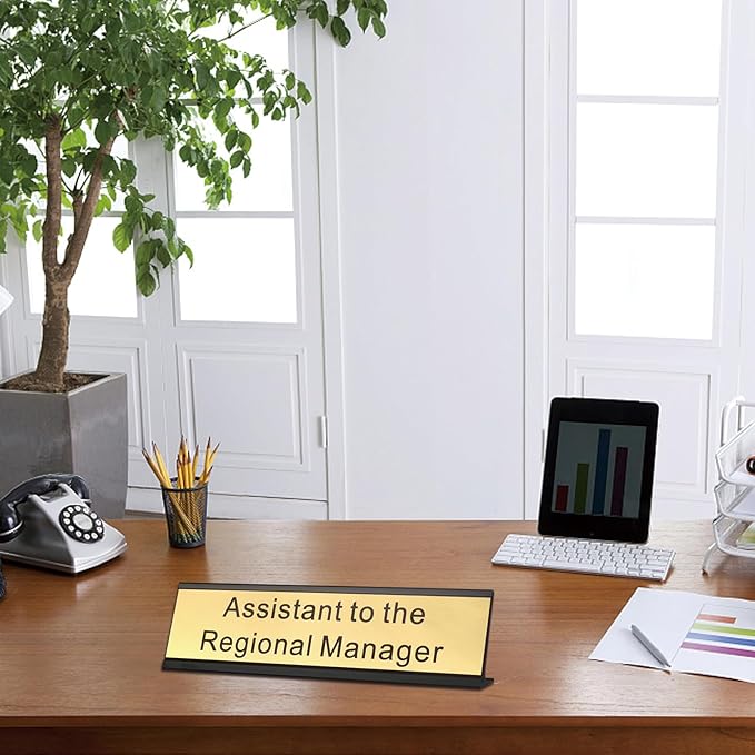 Assistant to The Regional Manager Desk Plate, 2 x 8 inch Novelty Name Plate, Gold Name Plate with Black Aluminum Desk Holder