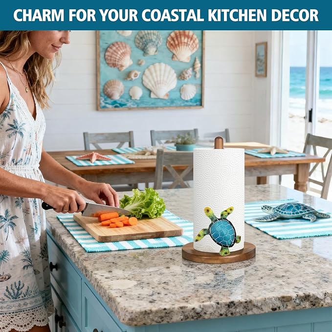 Turtle Paper Towel Holder Countertop, 3D Modern Marine Kitchen Counter Decor, Cute Resin Turtle Wooden Stand for Bathroom & Home Indoor Table, Winter Xmas Gift for Women, Housewarming Gifts, Green