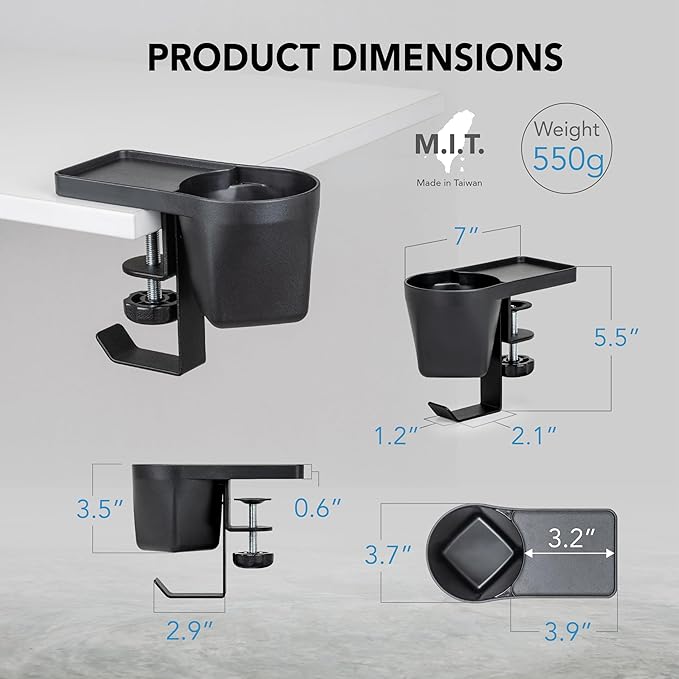 EHO Clamp-On Desk Pen and Cup Holder, 3-in-1 Stationery Organizer with Pencil and Accessory Storage, Reversible Hanging Hook, Space-Saving Desk Clamp Organizer, TAA-Compliant