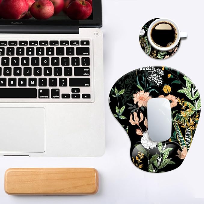 Dooke Ergonomic Mouse Pad with Wrist Support, Cute Mouse Pads with Non-Slip PU Base for Home Office Working Studying Easy Typing & Pain Relief Black Floral