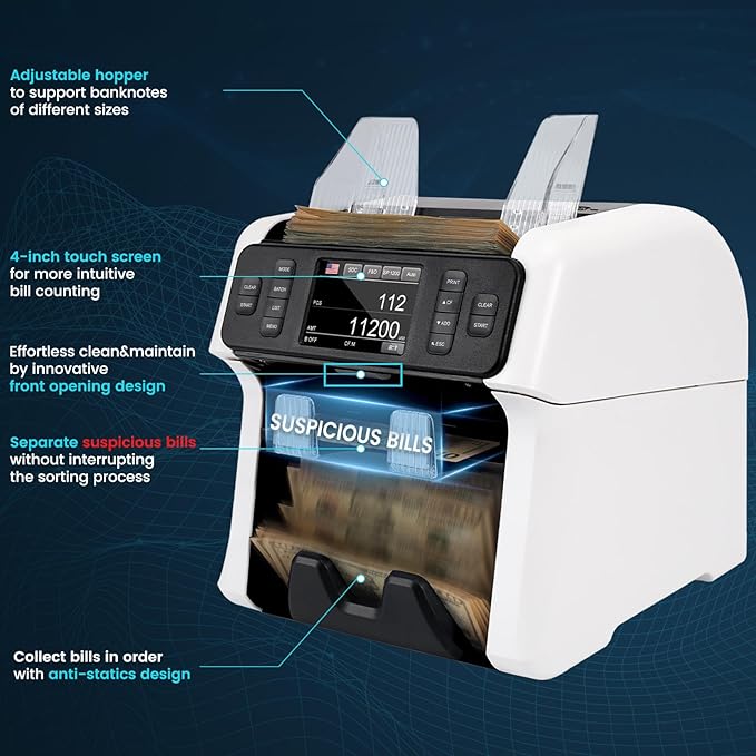 NUCOUN Mixed Denomination Money Counter Machine,Mixed Value Bill Counter and Sorter,with Reject Pocket,Multi Currency Note Counter,Counterfeit Detection 2 CIS/UV/MG/IR,4 inch Touch Screen,SN Record