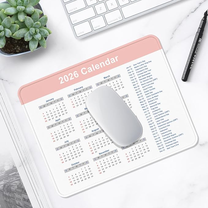 2026 Calendar Mouse Pad, Square New Year 2026 Mousepad 10.2 x 8.3 Inch, Stitched Edge Anti-Slip Waterproof Rubber Computer Mat for Office, Gaming, Laptop, New Year Office Supplies Gift, Pink