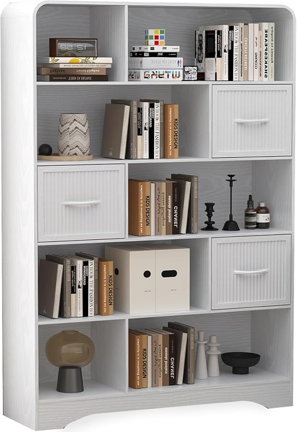 70" Tall Book Shelf and Bookcase, Tall Bookshelf with Storage, 48" Wide Modern Bookcase with Adjustable 3 Bins Storage, Large Bookshelf Wood 13" Deep Display Shelves for Living Room, Home Office,White