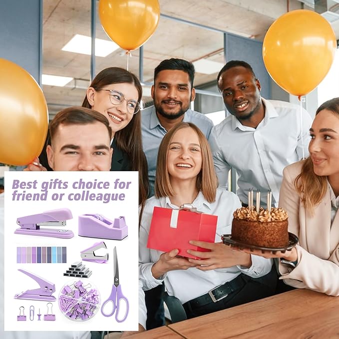 Sportsvoutdoors Purple Desk Accessories, Purple Office Supplies, Stapler and Tape Dispenser Set, Purple Desk Accessory Kit, Gift for Students, Women, Boss Lady, Office Clerks
