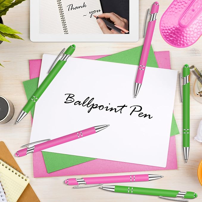 Tenare 12 Pieces 2 in 1 Stylus Metal Ballpoint Pen with Stylus Tip, 1.0 mm Black Ink Ballpoint Pen for Touch Screens (Green and Hot Pink)