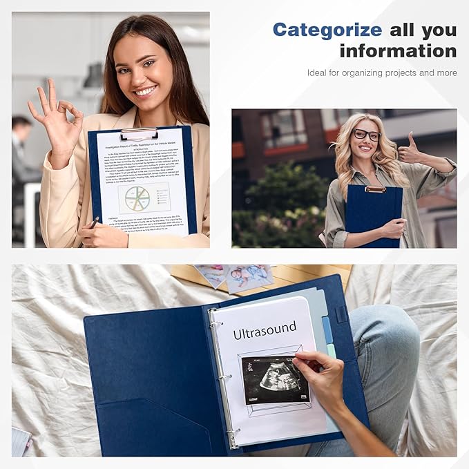 Ospelelf 3 Ring Binder With Clipboard 1 Inch Leather for Letter Size (8.5" x 11"), 5 Tab Dividers Office Supply, Dark Blue
