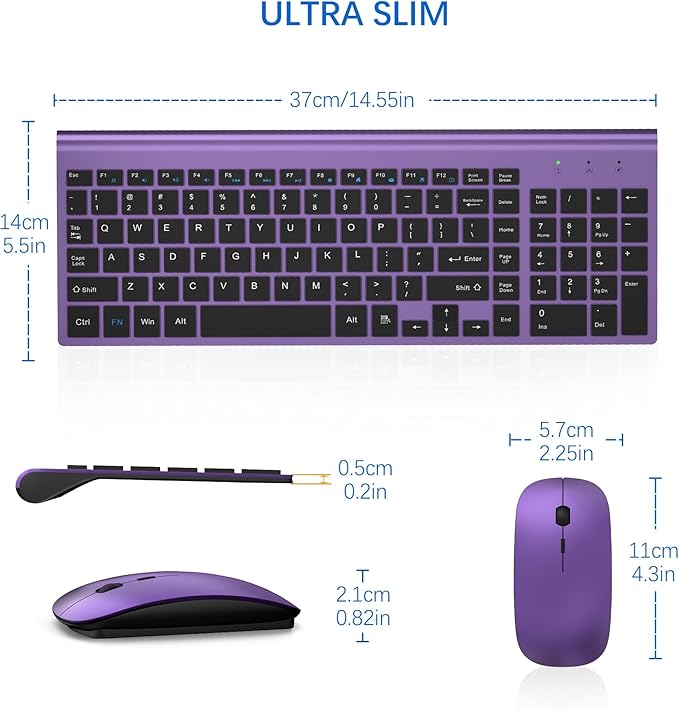 Wireless Keyboard and Mouse Ultra Slim Combo, TopMate 2.4G Silent Compact USB 2400DPI Mouse and Scissor Switch Keyboard Set with Cover, 2 AA and 2 AAA Batteries, for PC/Laptop/Windows/Mac-Purple Black