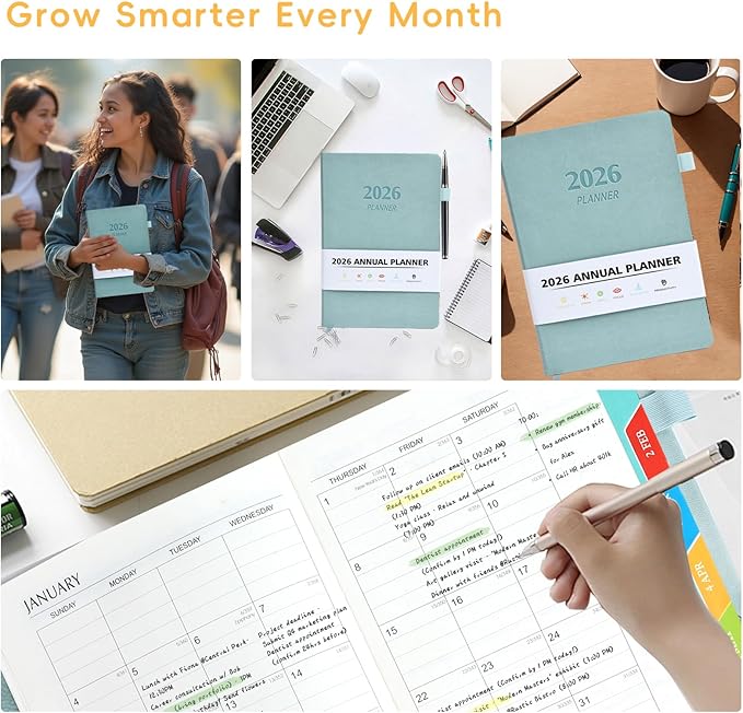 2026 Planner, A5 (5.6"x 8.5") Planner 2026 Jan-Dec, Monthly/Weekly/Daily Tabs with Contacts & Holidays, PU Leather Cover & 100gsm Paper, Organizer for School and Business Supplies (Sage Green)