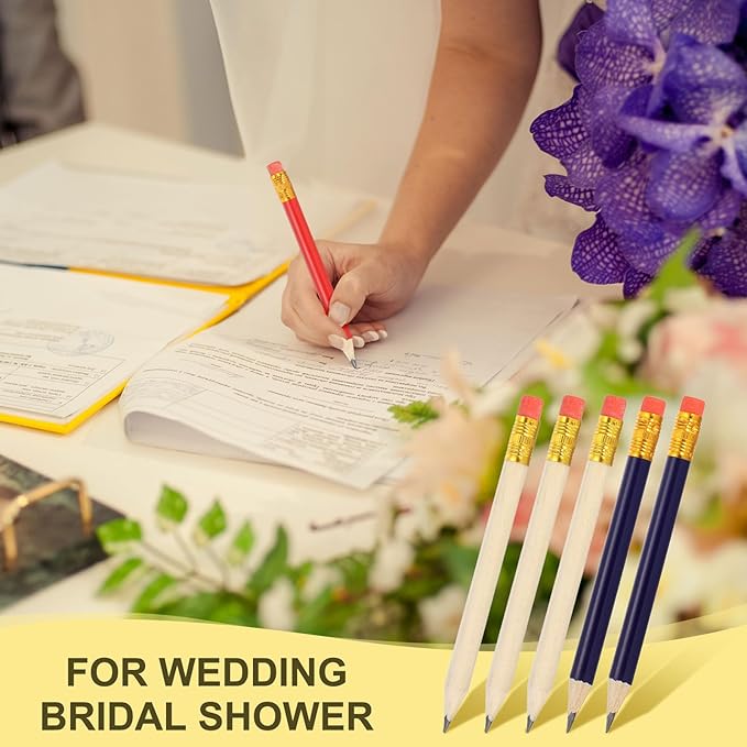 MECCANIXITY Golf Pencils with Erasers, 4" HB Mini Half Pencils Pre Sharpened Small Pens for Wedding Bridal Shower Game Office Writing Drawing(Wood Color/Dark Blue, Pack of 50)