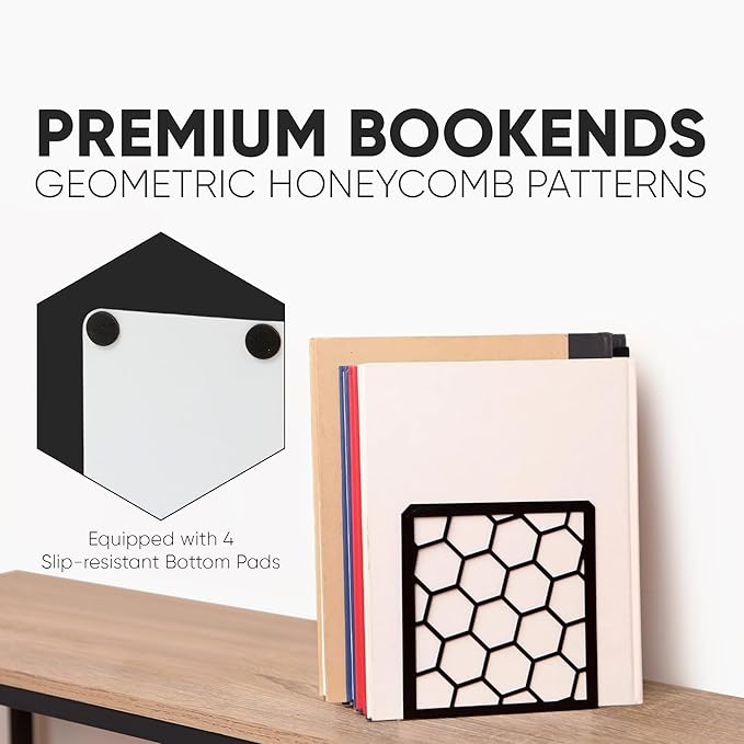 GEOMOD Geometric Honeycomb Black Metal Bookends Decorative - Tall Sturdy Book Ends for Shelves - Modern Heavy Duty Bookend Stopper - Office or Home Book Shelf Book Holder - 6x3.25x6.25 Inches - 1 Pair