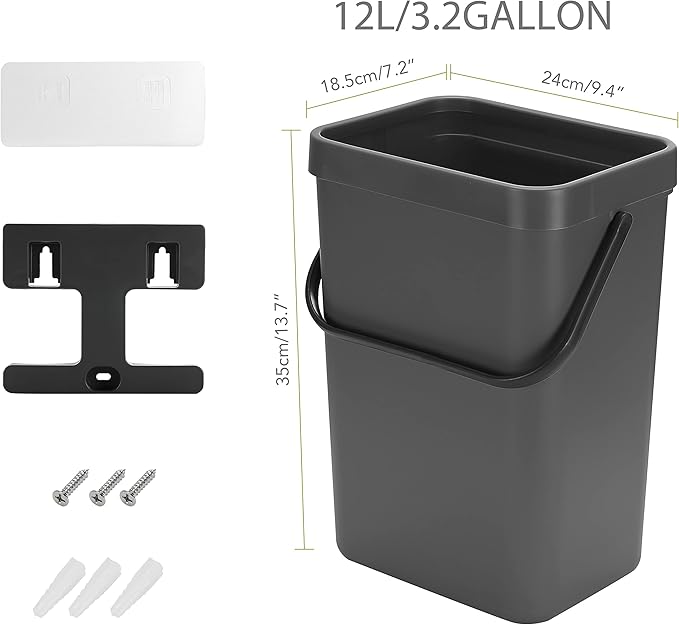 stonespace Under Sink Trash Can,Kitchen Compost Bin, Diaper Pail, 3.2 Gallon/12L Hanging Garbage Can for Baby Crib/Bathroom/Cupboard, Plastic Food Waste Bin,1 Pack Black