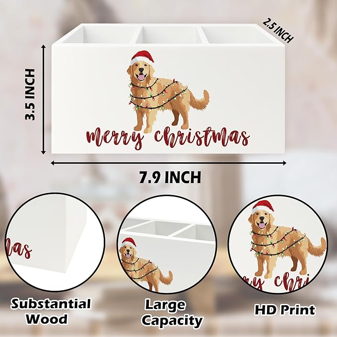 Golden Retriever Christmas Pen Pencil Holder Organizer for Desk, Merry Christmas Funny Xmas Santa Dog Wooden Box Signs Decorations for Home Office Desk Tabletop, Golden Retriever Lovers Gifts