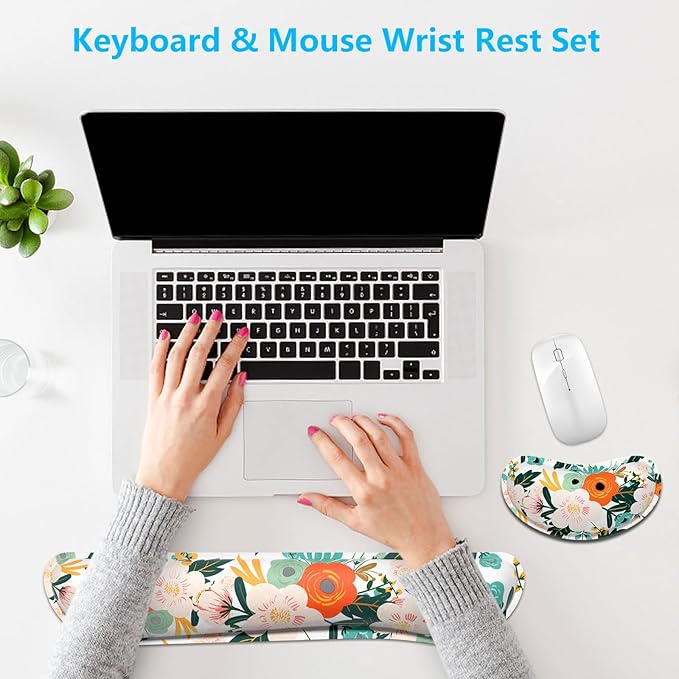 Dapesuom Enlarge Keyboard Wrist Rest, Memory Foam Wrist Cushion for Desk Mats Support, Cute Flower Pain Relief Keyboard Mouse Pad Rests Set with Non-Slip Base for Gaming Laptop Office Computer, Pink