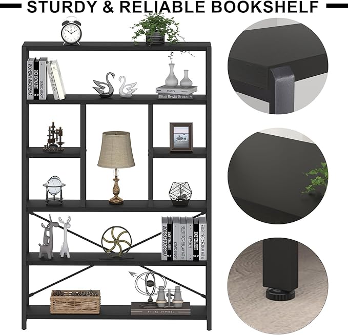 LVB 6 Tier Tall Black Bookshelf, Modern Large Wide Book Rack Storage, Industrial Wood Metal Etagere 6 Shelf Bookcase, Farmhouse Open Display Book Shelf Organizer for Bedroom Living Room Office, Black