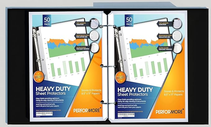 Performore 50 Sheet Protectors, Heavy Duty 8.5 X 11 Inch Clear Page for 3 Ring Binder, Plastic Sheet Sleeves, Durable Top Loading Paper Protector with Reinforced Holes, Archival Safe