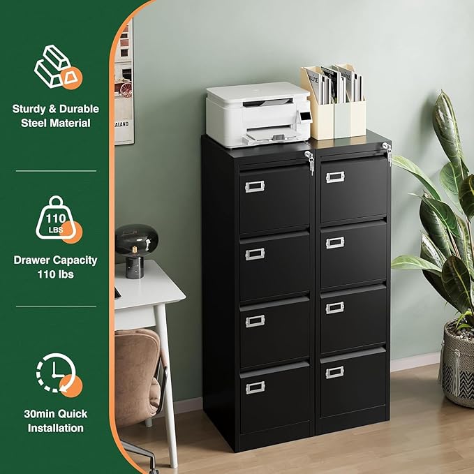 Letaya 4 Drawer File Cabinet with Lock,Metal Office Vertical Filing Cabinets for Home Office- Storage A4/F4/Letter/Legal -Assembly Required (Black)