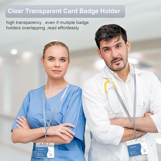 100 Pack Lanyards for ID Badges with Clear Name Tags, Reusable Lanyards Horizontal ID Card Badge Holders Plastic Name Badges for Men Women Kids Business School and Office Supplies (Gray)