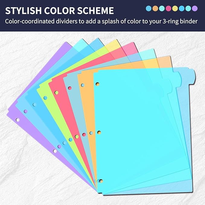 8 Tab Plastic Dividers for 3 Ring Binders, Write & Erase, Tabbed File Dividers with Tabs, Fits 8.5X 11'' Letter Size Paper, Assorted Color, 3 Set