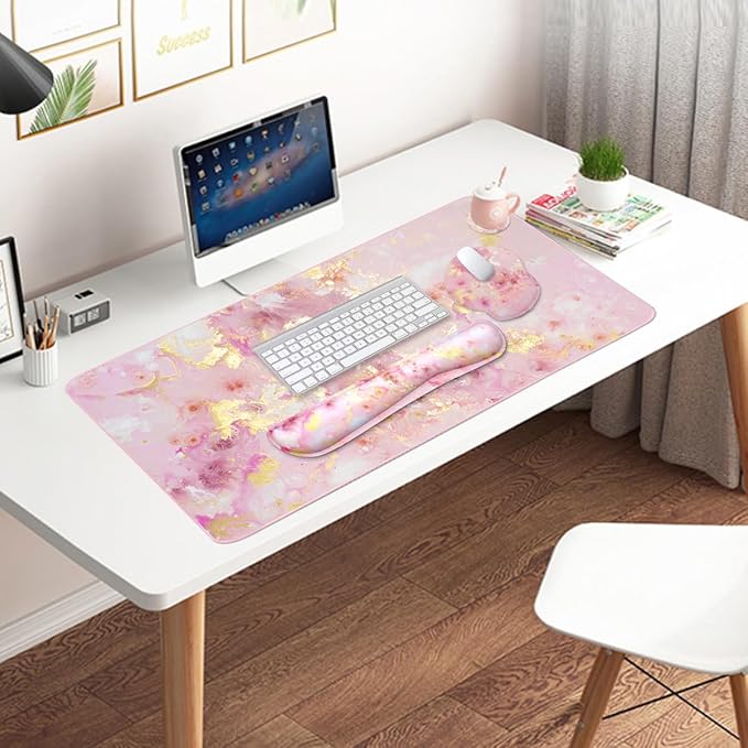 4-in-1 Gaming Mouse Pad Wrist Support Set,Desk Pad + Mouse Pad with Wrist Rest + Keyboard Wrist Rest + Coaster, Ergonomic Design for Home Office Study Game - Pink