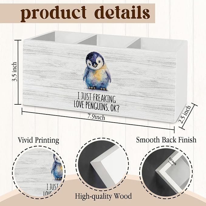 Penguin Gifts Pen Pencil Holder Organizer for Desk Accessories, I Just Freaking Love Penguins Okay Wooden Box Sign Desk Decor for Office Decoration, Cute Penguin Gifts for Women Men