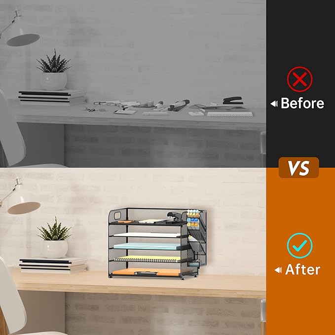 SUPEASY 5 Tier Desk Organizer with Handle & Removable Pen Holders, Mesh Paper/File Organizer for Desk, Paper Letter Tray Organizer for Office Supplies (Black)